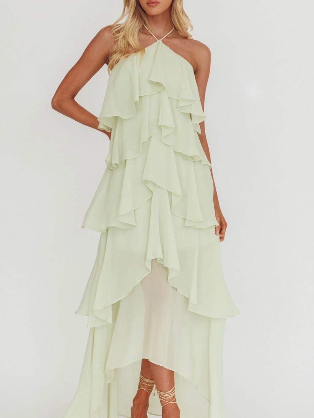 Darylyn High-Low Tiered Ruffle Halter Dress - Light Mint Selfie Leslie